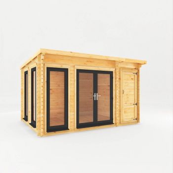 4.1 x 3 m Studio Pent Log Cabin with Side Shed with UPVC Windows and Doors - 44 mm - Timber - L333.5 x W414.1 x H249.4 cm - Brown