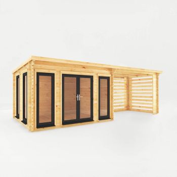 7 x 3 m Studio Pent Log Cabin with Slatted Area with UPVC Windows and Doors - 44 mm - Timber - L333.5 x W691.5 x H249.4 cm - Brown