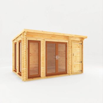 4.1 x 3 m Studio Pent Log Cabin with Side Shed, Oak UPVC Windows and Doors - 44 mm Timber - L333.5 x W414.1 x H249.4 cm - Brown