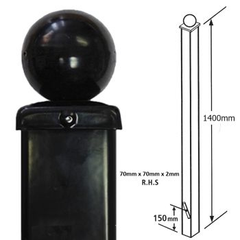Square Metal Posts Blank Post, Ball Top, Concrete-In 70 mm Sq X 1400 mm