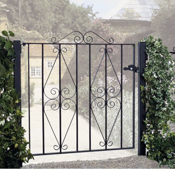 Stirling Scroll Low Flat Top Single Gate - Solid Steel - Fits Gap of 914 mm x 914 mm High - Electro Galvanised/Black Powder Coated