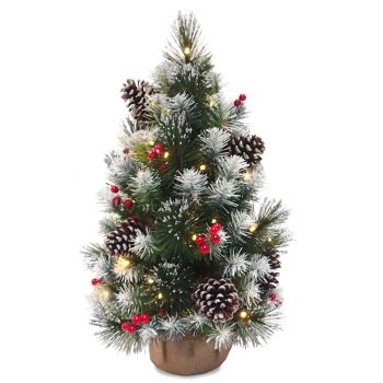 2 Feet Silver Bristle, Red Berries/Cones Small Pine Tree in Burlap with 50 Warm Battery Operated LED Lights - White