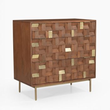 Lester Three Chest of Drawers - Mango Wood/MDF/Metal - L84 x W45 x H83 cm - Walnut/Gold