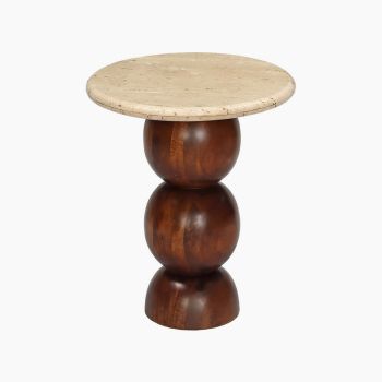 Orbit Travertine Top End Table - Acacia Wood - L45 x W45 x H54 cm - Beige/Brown