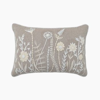 SpringTime Embroidered Cushion - Feather Filler - L35 x W50 x H1 cm - Beige/Ivory