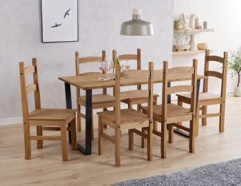 Texas Rectangular Dining Table with Metal Legs and 6 Corona Dining Chairs - Black/Antique Waxed Pine