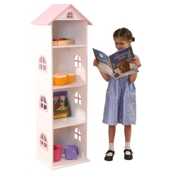 Tall White and Pink Dollhouse Bookcase with Pink Roof