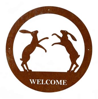 Boxing Hares Large Wall Art - With Text - Steel - W49.5 x H49.5 cm - Bare Metal/Ready to Rust