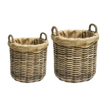 Wicker Log Basket Round Lined (Set of 2) - Brown