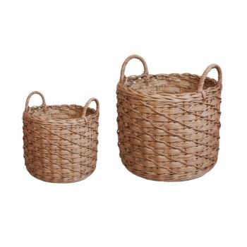Woven Round Rattan Log Basket with Handles (Set of 2) - Brown