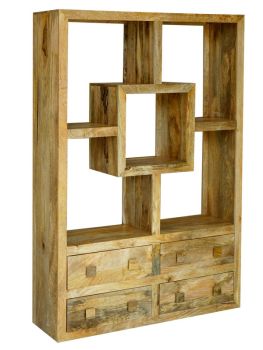 Yoga Straight Bookcase with 4 Drawer - Mango Wood - L35 x W120 x H175 cm - Light Finish