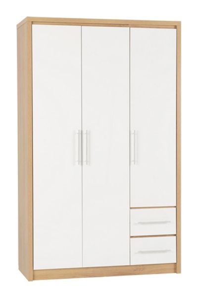 Seville 3 Door 2 Drawer Wardrobe - L47 x W111 x H180 cm - White High Gloss/Light Oak Effect Veneer