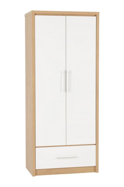 Seville 2 Door 1 Drawer Wardrobe - L47 x W76 x H180 cm - White High Gloss/Light Oak Effect Veneer