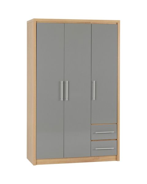 Seville 3 Door 2 Drawer Wardrobe - L47 x W111 x H180 cm - Grey High Gloss/Light Oak Effect Veneer