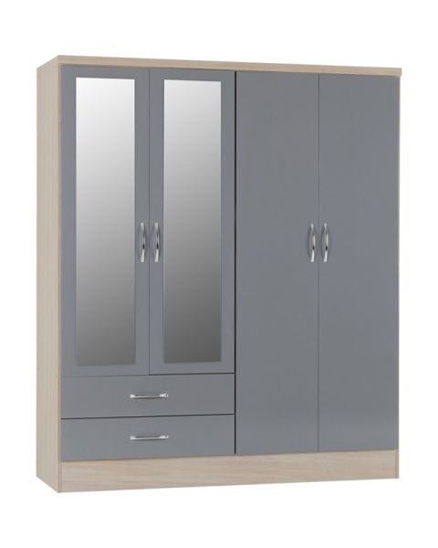Nevada 4 Door 2 Drawer Mirrored Wardrobe - L52 x W154 x H182.5 cm - Grey Gloss/Light Oak Effect Veneer