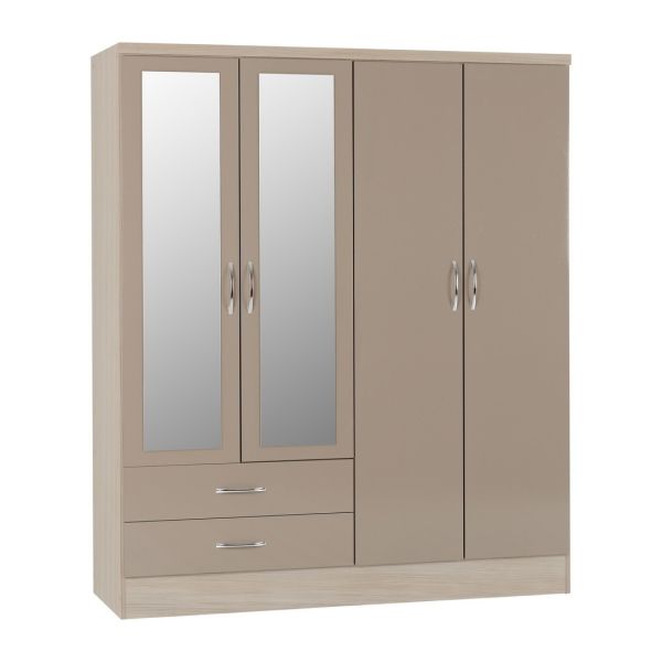Nevada 4 Door 2 Drawer Mirrored Wardrobe - L52 x W154 x H182.5 cm - Oyster Gloss/Light Oak Effect Veneer