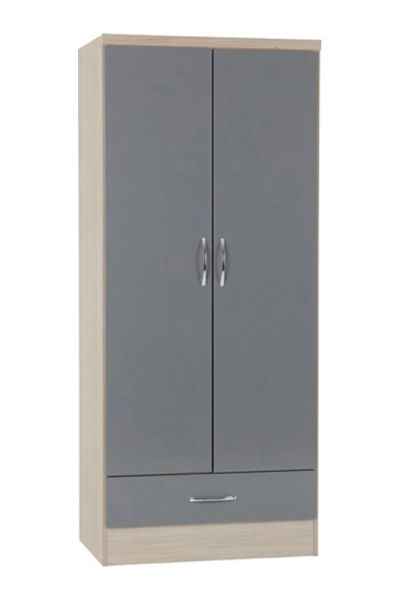 Nevada 2 Door 1 Drawer Wardrobe - L52 x W78 x H182.5 cm - Grey Gloss/Light Oak Effect Veneer