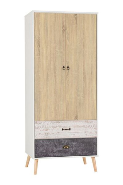 Nordic 2 Door 2 Drawer Wardrobe - L55.5 x W76.5 x H182.5 cm - White/Distressed Effect