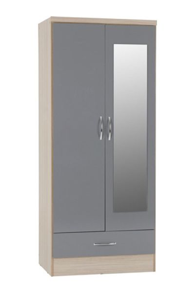 Nevada Mirrored 2 Door 1 Drawer Wardrobe - L52 x W78 x H182.5 cm - Grey Gloss/Light Oak Effect Veneer