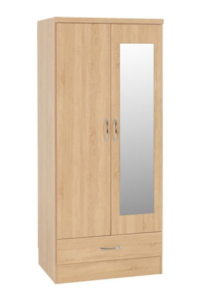 Nevada Mirrored 2 Door 1 Drawer Wardrobe - L52 x W78 x H182.5 cm - Sonoma Oak Effect