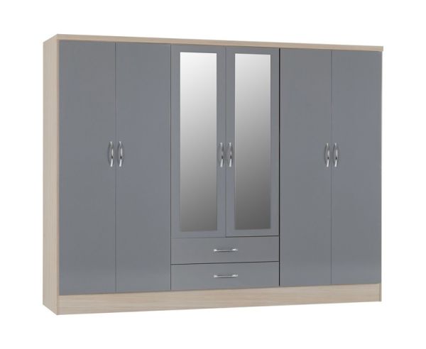 Nevada 6 Door 2 Drawer Mirrored Wardrobe - L52 x W230 x H182.5 cm - Grey Gloss/Light Oak Effect Veneer