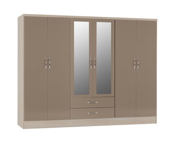 Nevada 6 Door 2 Drawer Mirrored Wardrobe - L52 x W230 x H182.5 cm - Oyster Gloss/Light Oak Effect Veneer