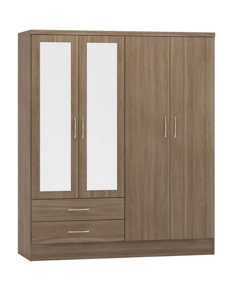 Nevada 4 Door 2 Drawer Mirrored Wardrobe - L52 x W154 x H182.5 cm - Rustic Oak Effect