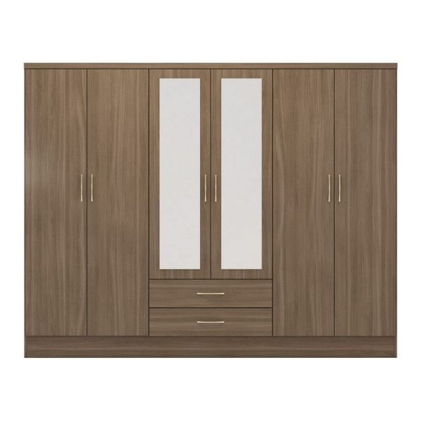 Nevada 6 Door 2 Drawer Mirrored Wardrobe - L52 x W230 x H182.5 cm - Rustic Oak Effect