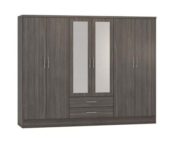 Nevada 6 Door 2 Drawer Mirrored Wardrobe - L52 x W230 x H182.5 cm - Black Wood Grain