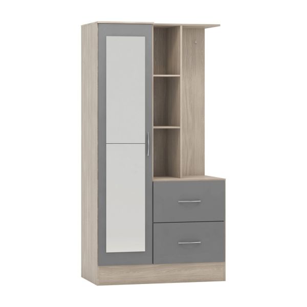 Nevada Mirrored Open Shelf Wardrobe - L52 x W94 x H183.5 cm - Grey Gloss/Light Oak Effect Veneer