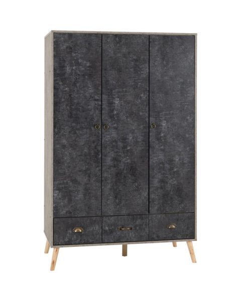 Nordic 3 Door 3 Drawer Wardrobe - L55.5 x W113 x H179.5 cm - Concrete Effect/Charcoal