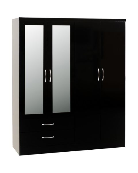 Nevada 4 Door 2 Drawer Mirrored Wardrobe - L52 x W154 x H182.5 cm - Black Gloss