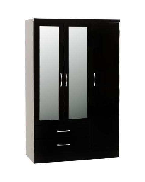Nevada 3 Door 2 Drawer Mirrored Wardrobe - L52 x W116 x H182.5 cm - Black Gloss