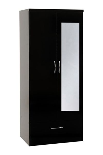 Nevada Mirrored 2 Door 1 Drawer Wardrobe - L52 x W78 x H182.5 cm - Black Gloss