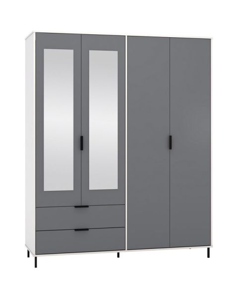 Madrid 4 Door 2 Drawer Mirrored Wardrobe - L52 x W160 x H196 cm - Grey/White Gloss
