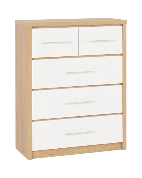 Seville 3+2 Drawer Chest - L39.5 x W85 x H110.5 cm - White High Gloss/Light Oak Effect Veneer