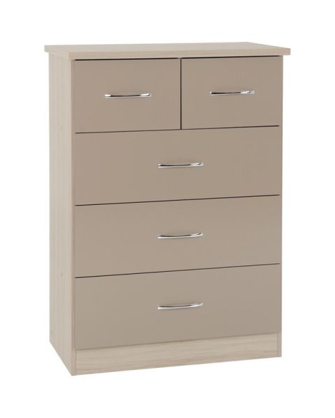 Nevada 3+2 Drawer Chest - L46 x W81 x H115.5 cm - Oyster Gloss/Light Oak Effect Veneer