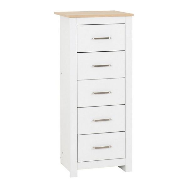 Portland 5 Drawer Narrow Chest - L40 x W48 x H114 cm - White/Oak Effect