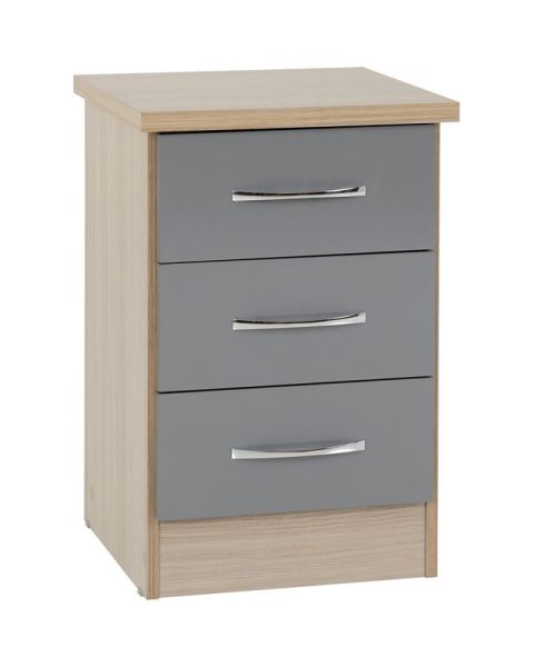 Nevada 3 Drawer Bedside - L40 x W40 x H61 cm - Grey Gloss/Light Oak Effect Veneer