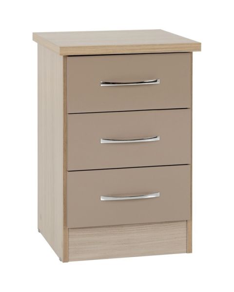 Nevada 3 Drawer Bedside - L40 x W40 x H61 cm - Oyster Gloss/Light Oak Effect Veneer