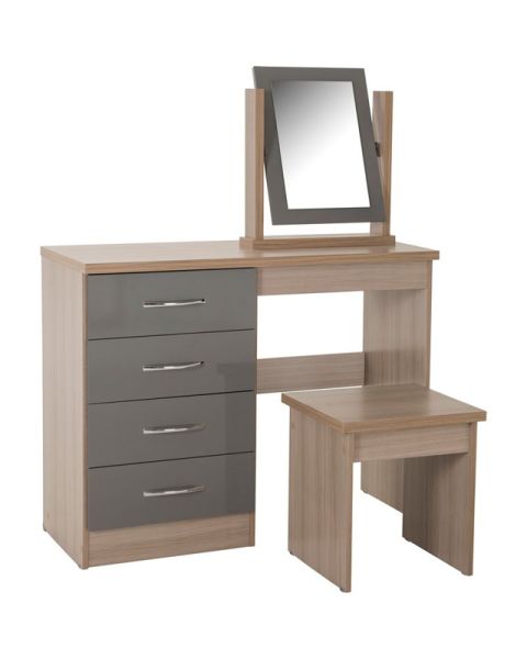 Nevada 4 Drawer Dressing Table Set - Grey Gloss/Light Oak Effect Veneer