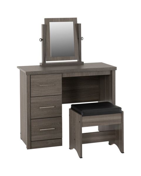 Lisbon 3 Piece Dressing Table Set with Mirror - Black Wood Grain/Black Faux Leather