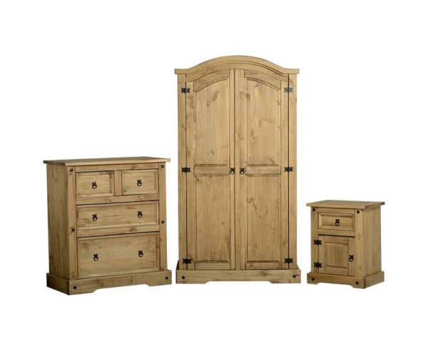 Corona Trio Bedroom Set - L56.5 x W103.5 x H189 cm - Distressed Waxed Pine