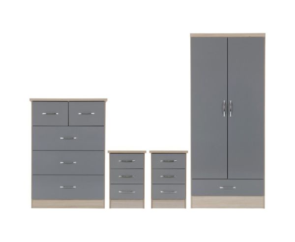 Nevada 2 Door 1 Drawer Wardrobe Bedroom Set - Grey Gloss/Light Oak Effect Veneer