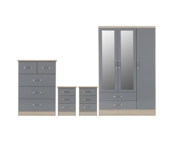 Nevada 3 Door 2 Drawer Mirrored Wardrobe Bedroom Set - Grey Gloss/Light Oak Effect Veneer