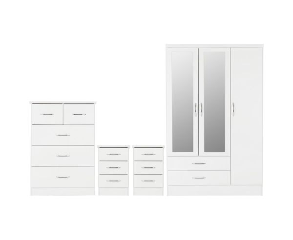 Nevada 3 Door 2 Drawer Mirrored Wardrobe Bedroom Set - White Gloss