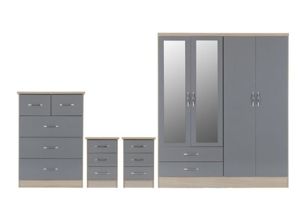 Nevada 4 Door 2 Drawer Mirrored Wardrobe Bedroom Set - Grey Gloss/Light Oak Effect Veneer