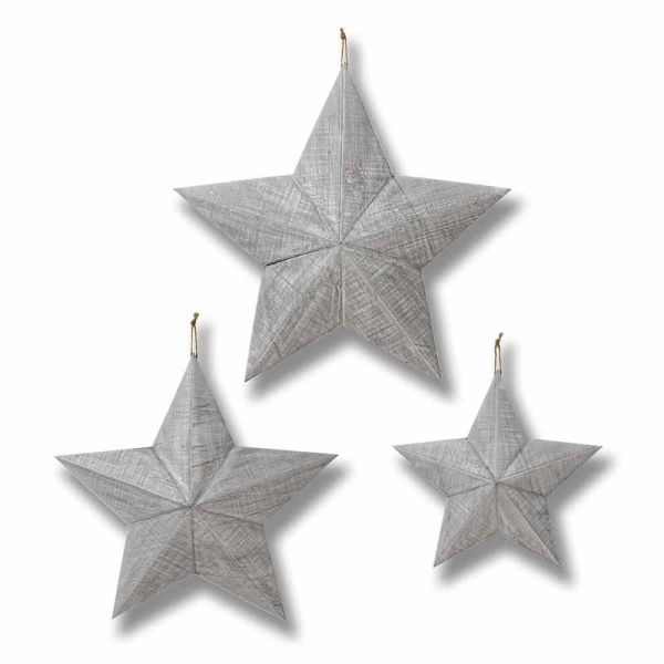 Set of Three Wooden Stars - Wood - L6 x W65 x H69 cm - Grey/Silver