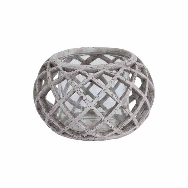 Round Lattice Hurricane Lantern - Ceramic - L17 x W17 x H11 cm - Stone