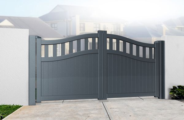 Double Swing Gate 3500x1600mm Grey - Vertical Solid Infill and Bell-Curved Top Full Privacy Driveway Gate